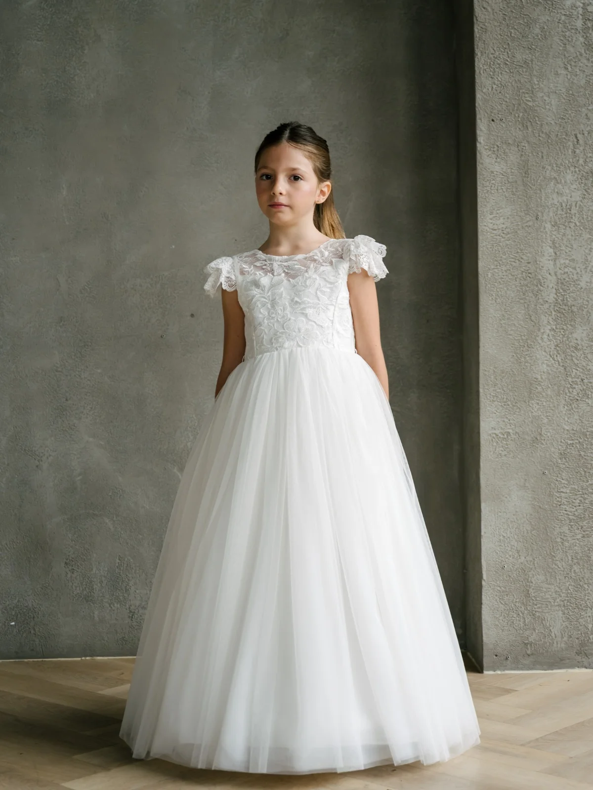 

Flower Girl Dress White Applique Lace for Wedding Neck Todder Puffy Princess Evening Party First Communion Ball Gown