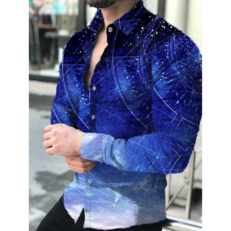 Long Sleeve Shirt Men 3D Printed Starry Sky Pattern Spring And Autumn Fashion Casual Simple Street Wear Oversized Lapel Shirt