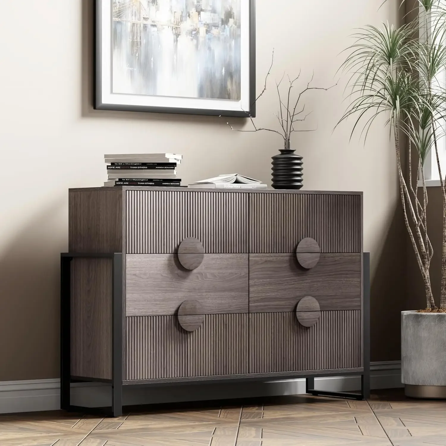 Caneladas Dresser com alças redondas, Quinta peito de madeira de gavetas, Moderno e Accent armário de armazenamento para sala de estar, 6 gavetas