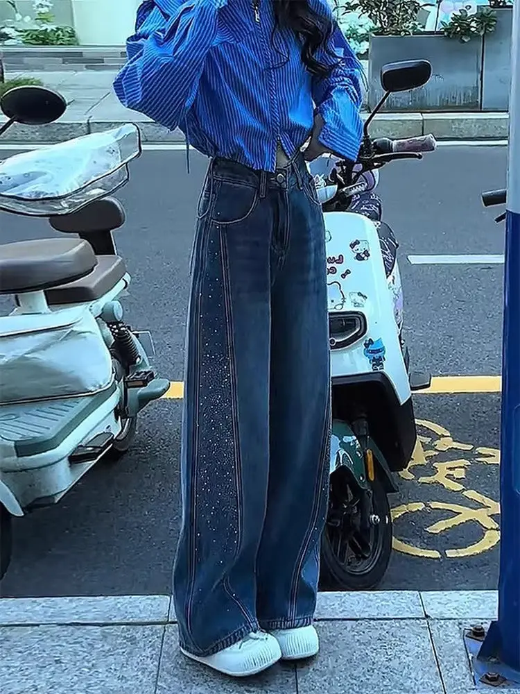 

Ретро джинсы с широкими штанинами и флисовой подкладкой, женские, с высокой талией, прямые, в пол, с бриллиантовыми стразами, весна-осень