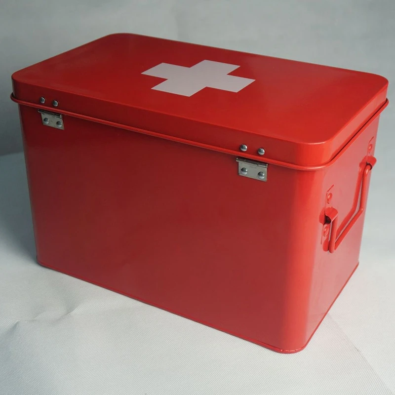 Red with White Metal Medicine Storage Box, Large