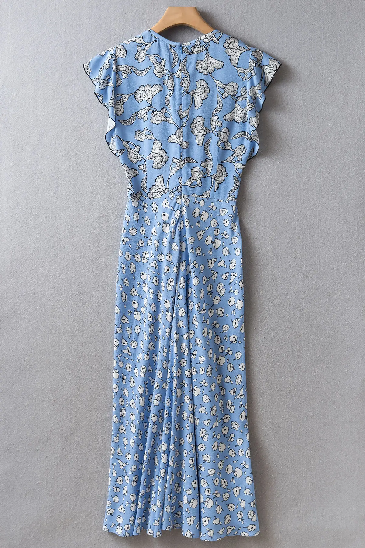 Majorelle Blue Line Art Floral Crepe Wrap Dress | Ruffled Short Sleeve V-neck Dress | US2-US12