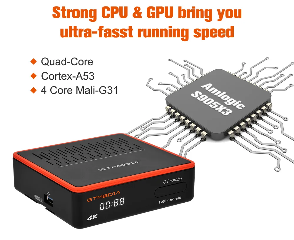 GTMEDIA GT COMBO Android 9.0 TV BOX + DVB-S/S2/S2X compatible con Wifi incorporado de ultra alta definición 4K compatible con París, Francia