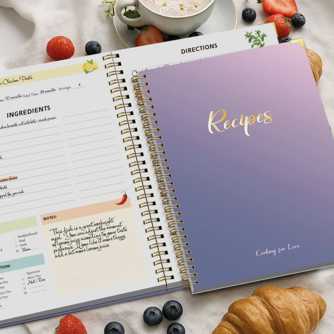 Libro de recetas de tapa dura: libro de recetas portátil de uso personal o familiar, capacidad para 80 recetas, páginas interiores a todo color, tapa dura