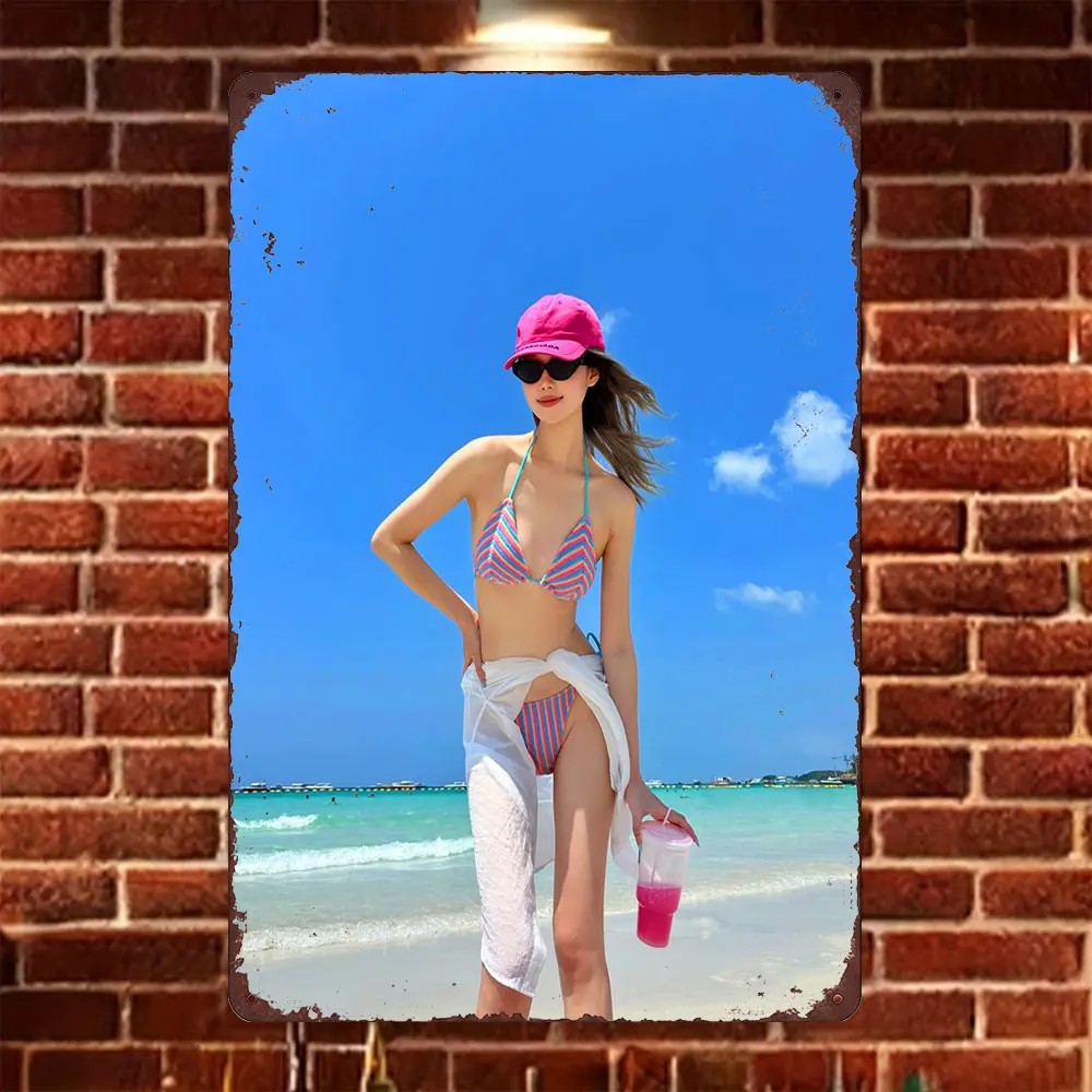 HD Tin Sign Vintage Asian Girl in Pink Blue Striped Bikini at Beach Metal Wall Art Retro Decor for Home Bar Cafe
