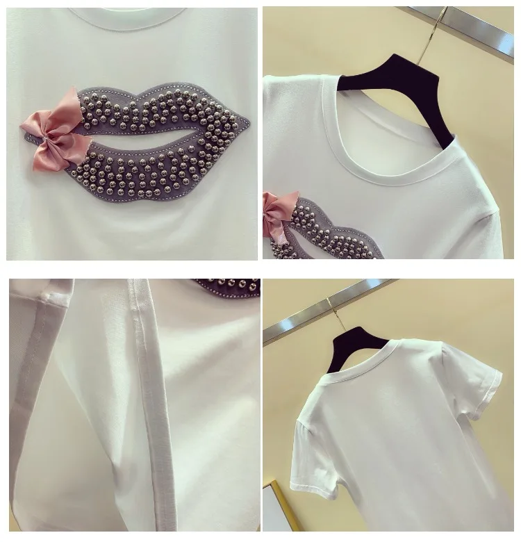 Tshirt Women Beaded Lip Bow-tie Tee Round Collar Loose Girl Lady New Shirt Tops Summer 2023