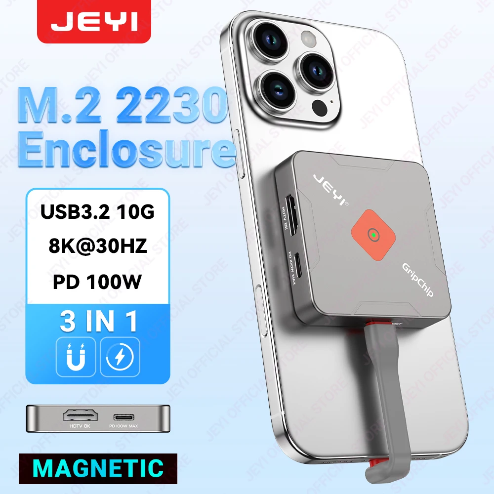 

JEYI Magnetic M.2 2230 SSD Enclosure with Magsafe for iPhone 16/15 ProRes, 8K/4K HD Screen Share, USB 10Gbps, 100W PD Charging