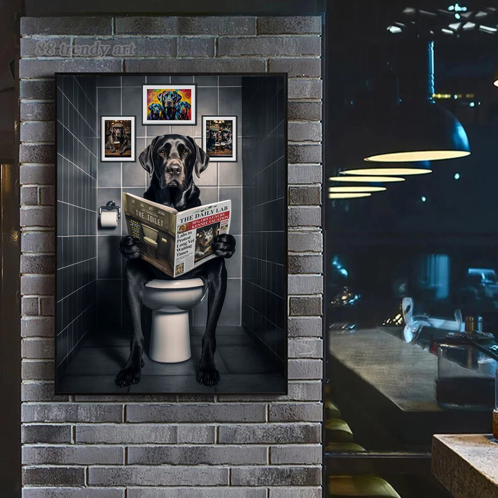 Funny Animals on The Toilet Reading A Book Poster and Prints Canvas Painting Vintage Home Bathroom Toilet Wall Art Decor Mural