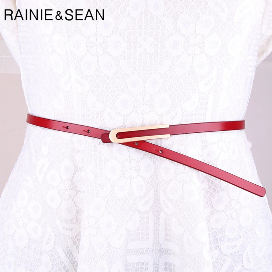 RAINIE SEAN Skinny Belt for Dress Genuine Leather Belt Smooth Buckle Female Red Elegant Thin French Ladies Cowhide Belt Strap