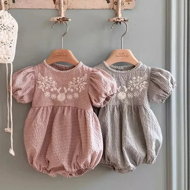 

2026 New Summer Newborn Baby Girl Romper Short Sleeved Cotton Embroidery Korean Style Climbing Suit 0-24M Children Clothes