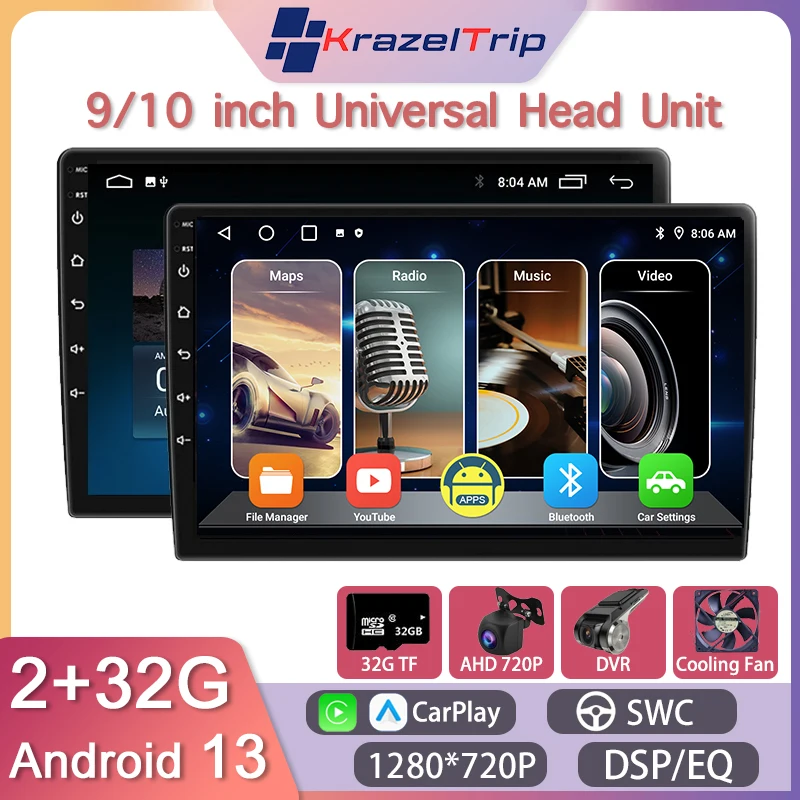 Универсальный автомобильный мультимедийный плеер с разрешением 1280*720 KrazelTrip, бренд Android Auto Carplay, 2Din, стерео,...