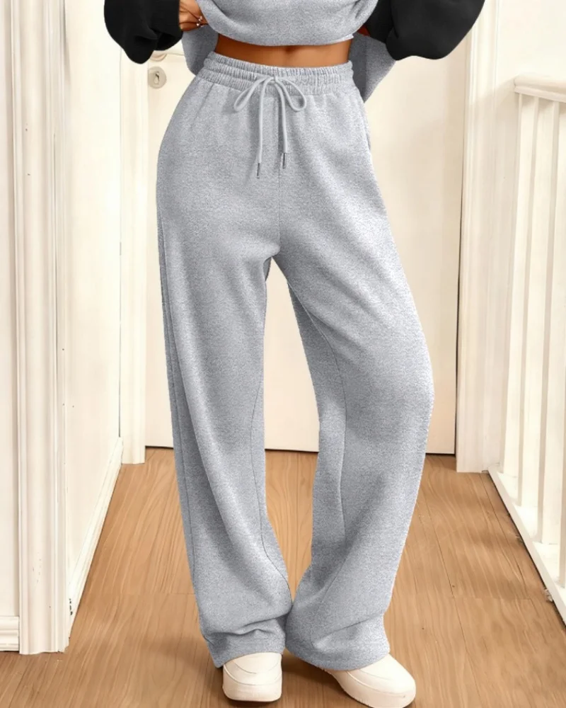 سراويل نسائية كلاسيكية طويلة غير رسمية للركض سراويل رياضية كبيرة الحجم باللون الرمادي سراويل طويلة بيضاء مرنة عالية الخصر للسيدات