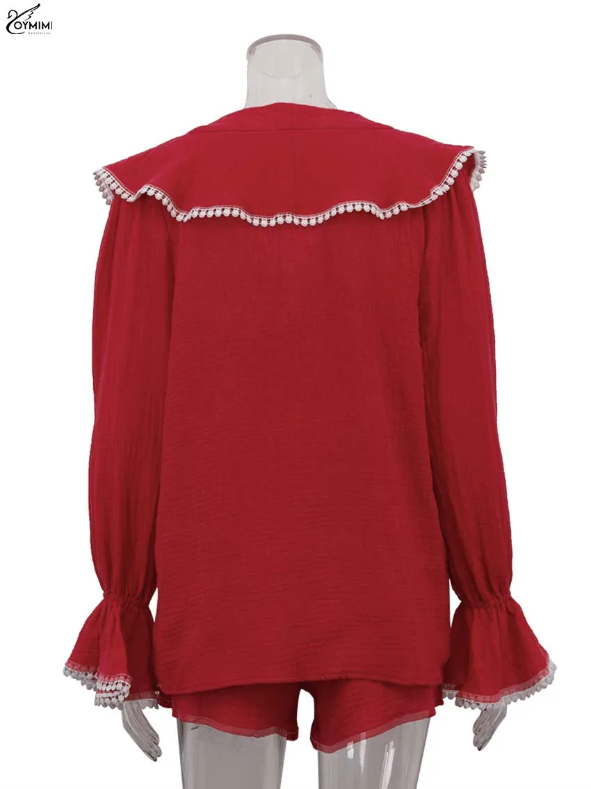Oymimi Eleagnt Red Cotton 2 Piece Sets Woman Outfits Fashion Long Sleeve Lace Ruffled Button Shirts And High Waisted Shorts Sets