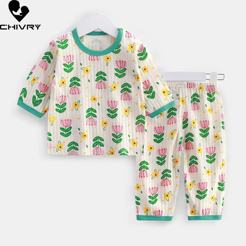 T-shirt à manches trois-quarts imprimé dessin animé pour enfants, pyjamas minces pour bébés garçons et filles, vêtements de nuit avec pantalon, vêtements de maison, été, nouveau