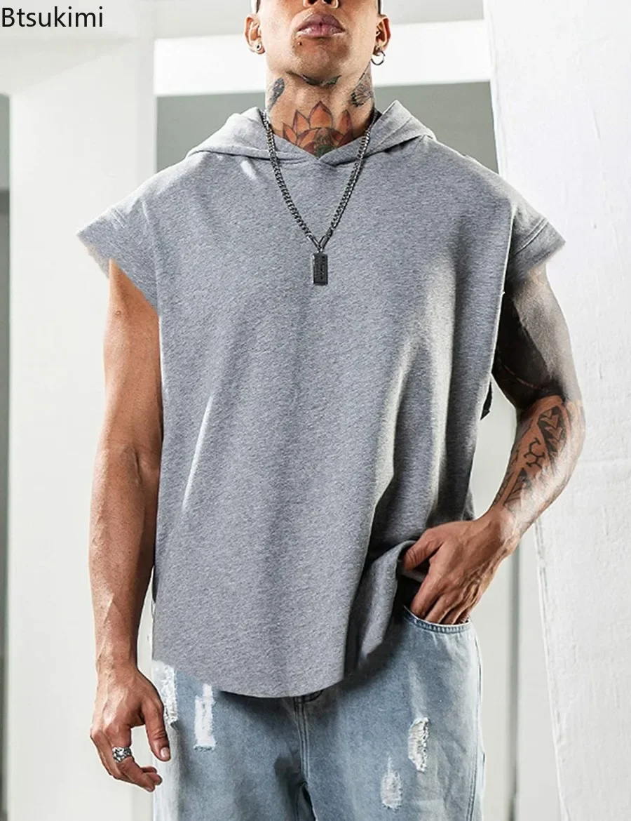 New Men\'s Loose Casual Hoodies T-shirt Fashion Sport Fitness Pullover Top Sleeveless Hooded Tank Tops Summer Sweatshirts for Men