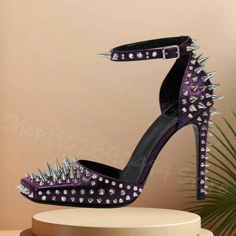 

Silver Spikes Design Purple Square Toe Pumps Buckle Strap Women Shoes Thin High Heels New Party Banquet 2025 Zapatos Para Mujere