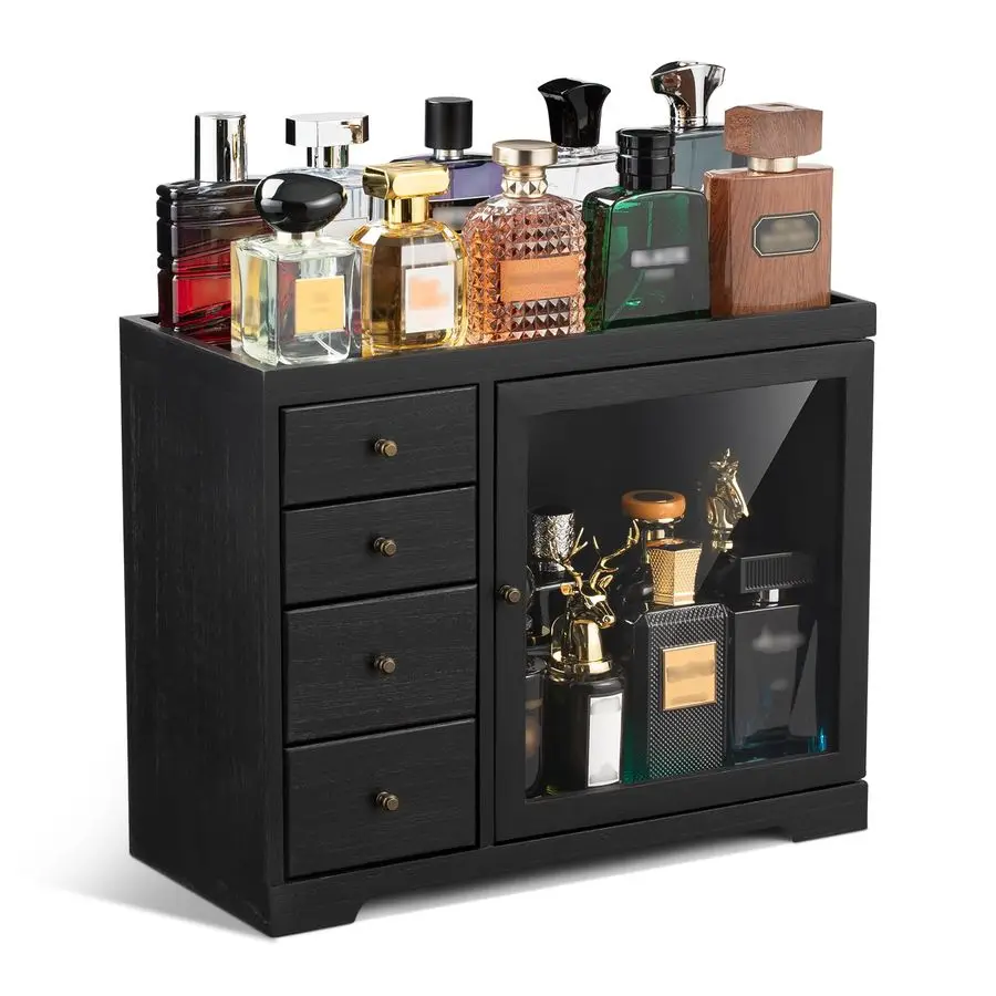 

Organizer for Men, 5 Tier Large Capacity organizador de perfumes, Wooden Dustproof Perfumes Organizer Cologne Stand with 4 Drawe