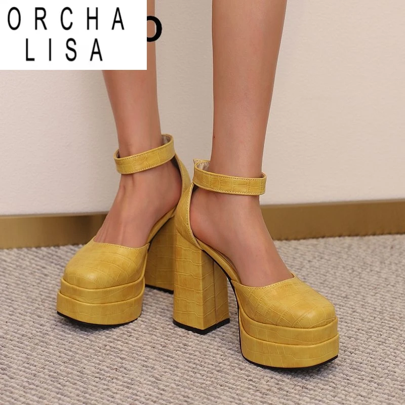 

ORCHA LISA 2025 Новые пикантные модные женские сандалии с квадратным носком на массивном каблуке 12 см, двойная платформа, 4 см, пряжка, ремешок, большие размеры 48 49 50