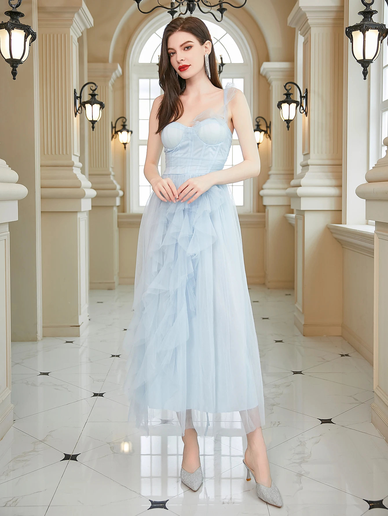 

Ladies Birthday Party Wedding Dress One Shoulder Slim Fit Mesh Banquet Elegant Princess Dress 2024