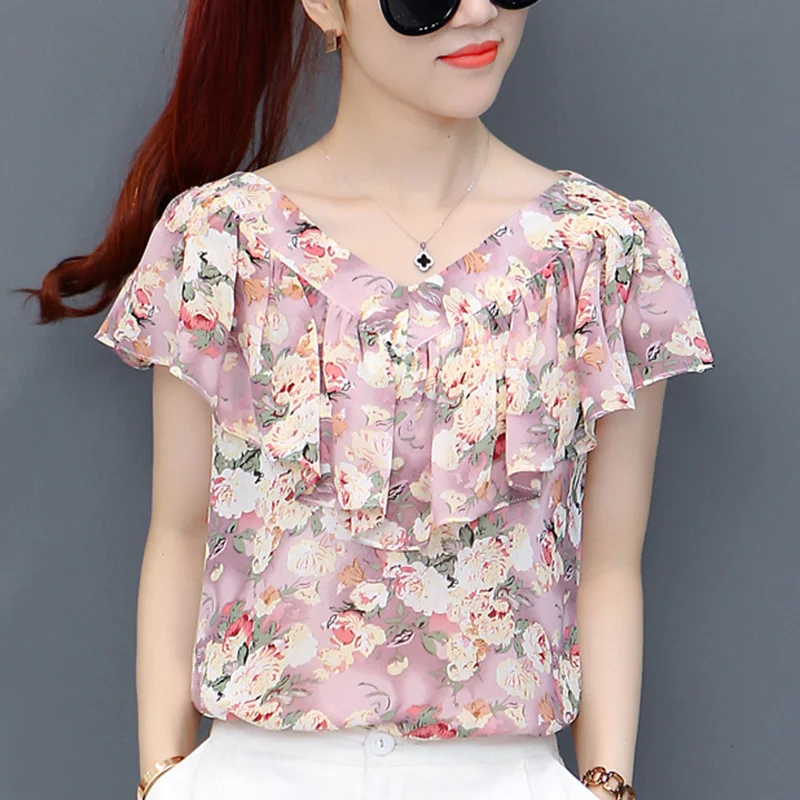 Fashion V-Neck Printed Spliced Loose Ruffles Chiffon Blouse Women\'s Clothing 2023 Summer New Casual Pullovers Office Lady Shirt