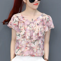 Blusa feminina de chiffon com decote em v, camisa estampada, babados soltos emendados, pulôveres casuais, camisa de senhora do escritório, moda, nova, verão, 2023