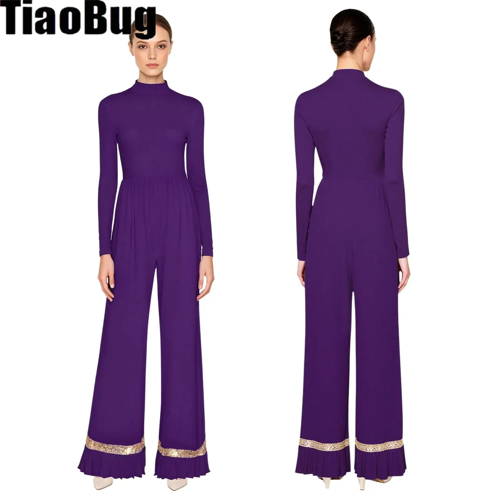 

Womens Worship Praise Church Rompers Long Sleeve Back Zip-up Shiny Sequin Ruffled Mesh Trim Wide Leg Pants One-piece Jumpsuit