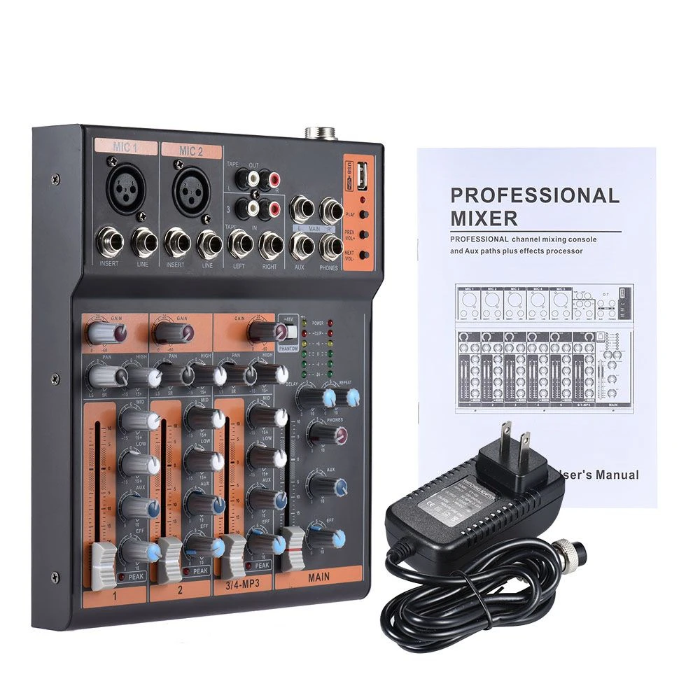 Draagbare 4-Kanaals Mic Lijn Audio Mixer Mixing Console 3-Band Eq Usb Interface 48V Phantom Power met Power Adapter