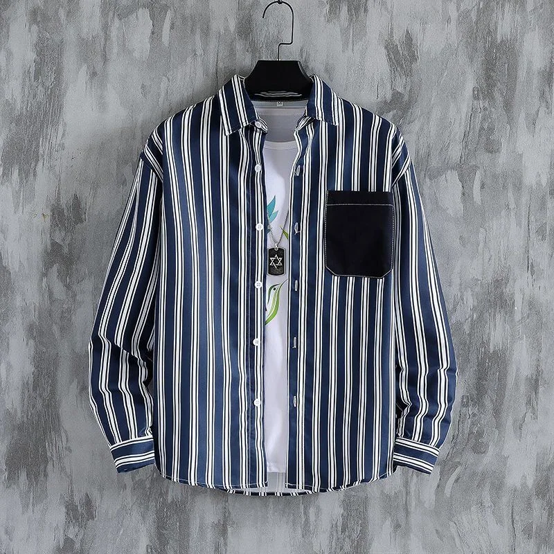 Men\'s Striped Long-sleeved Shirts, Casual Printed Shirts, Korean-style Ins Style Loose All-match Trend Tops