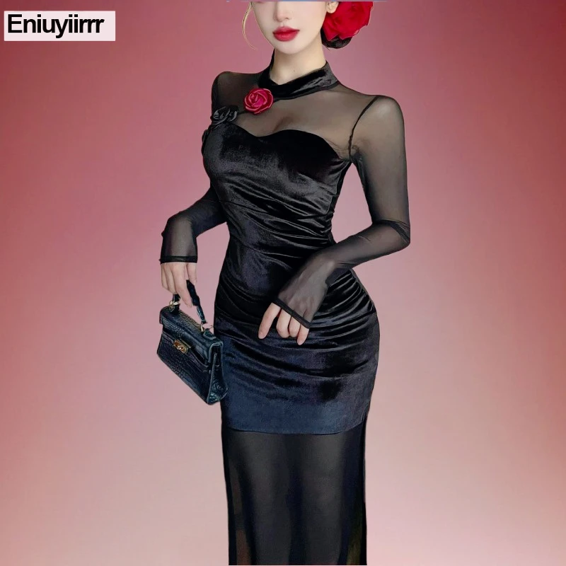 ชุดเดรสกำมะหยี่สีดำ แฟชั่นใหม่สำหรับผู้หญิง ดีไซน์ฝรั่งเศส ทรงเข้ารูป สไตล์เรโทร วินเทจ ผ้าตาข่ายยาวโปร่งบาง สง่างาม คอตั้ง