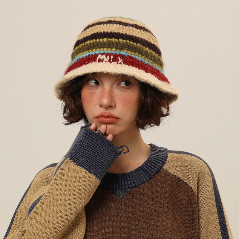 Hat 2023 Arrival Knitted Fisherman Hat Women's Fall Winter Heattech Retro Contrast Color Stripes  Sle Woolen Cap Bucket