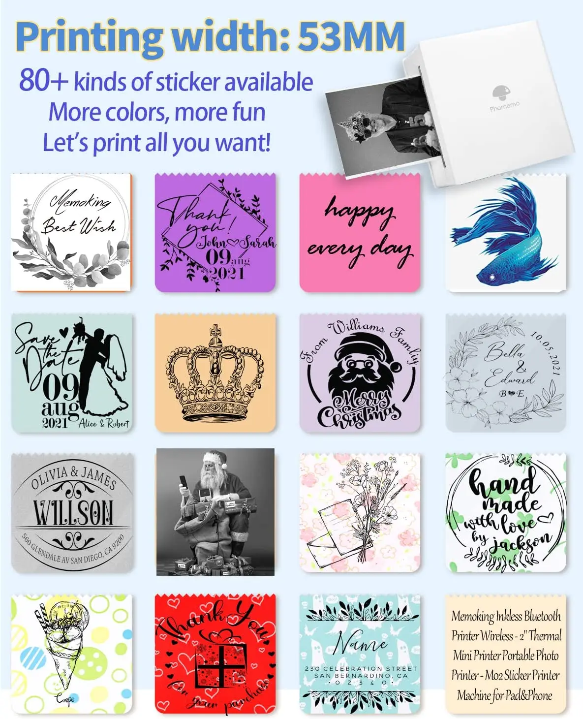Bekhuz Pocket Printer Mini Sticker Thermal Printing Photo Machine Wireless Picture Printer Portable Phone Printer Phomemo M02