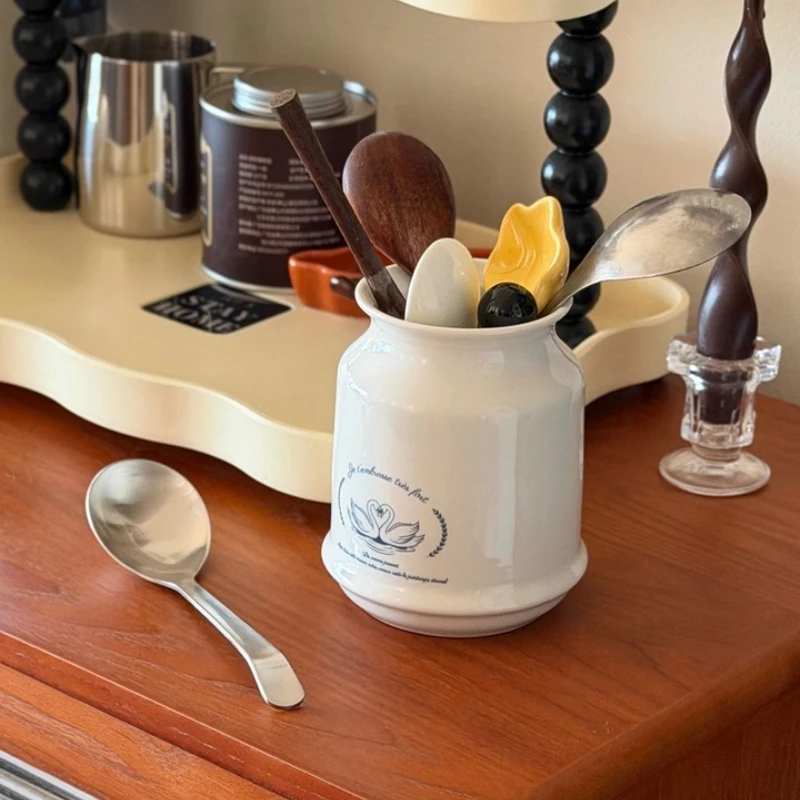 Ceramic Kitchen Utensil Holder, Ceramic Rural Swan Cooking Utensil Crock for Spatulas, Spoons & Tools,Modern Farmhouse Organizer