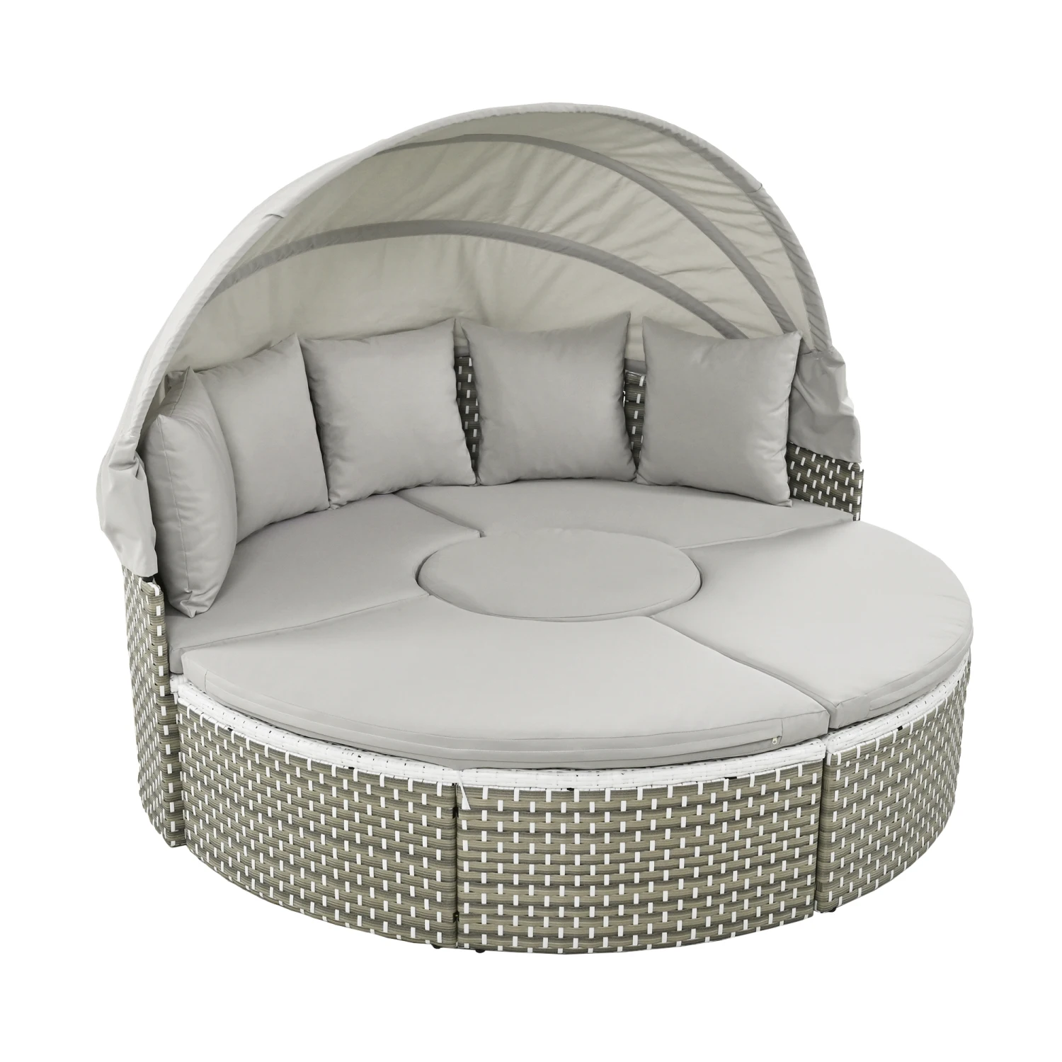 

TOPMAX Outdoor Patio Furniture Round Sectional Sofa Set with Retractable Canopy, Two-Tone Rattan Daybed, Separate Seating, Remov