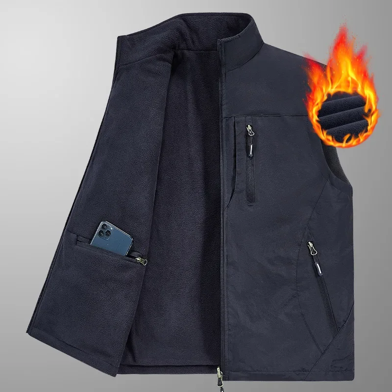 

Повседневный жилет на флисовой подкладке, мужской осенне-зимний двусторонний жилет с воротником-стойкой, теплая плюшевая верхняя одежда, удобный жилет, топ