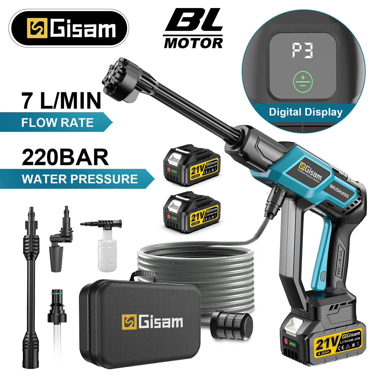 Gisam 220Bar Brushless Electric High Pressure Washer Gun 3Gear Power Home Car Washing Water Spray Gun for Makita 18V Battery Pin