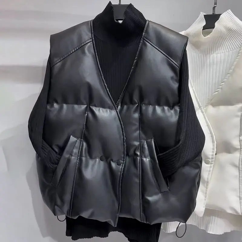 

Winter PU Leather Jacket Vest Women Black V-NECK Collar Vest Sleeveless Women Zipper Moto Biker AutumnShort Waistcoat Ladies