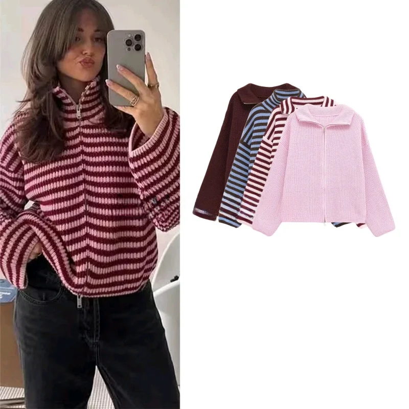 

Spring New Loose Lazy Style Knitted Sweater Cardigan Long Sleeve Turn-down Collar Double Zipper Striped Outerwear for Women