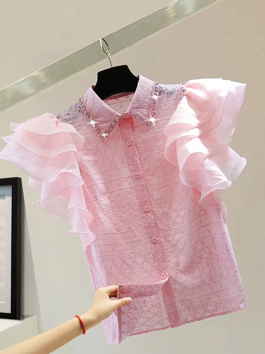 New In 2024 Summer Shirt Short Sleeve Diamonds Stitch Collar Ruffles Pink Shirts Blouses For Women Sweet Tops Blusas