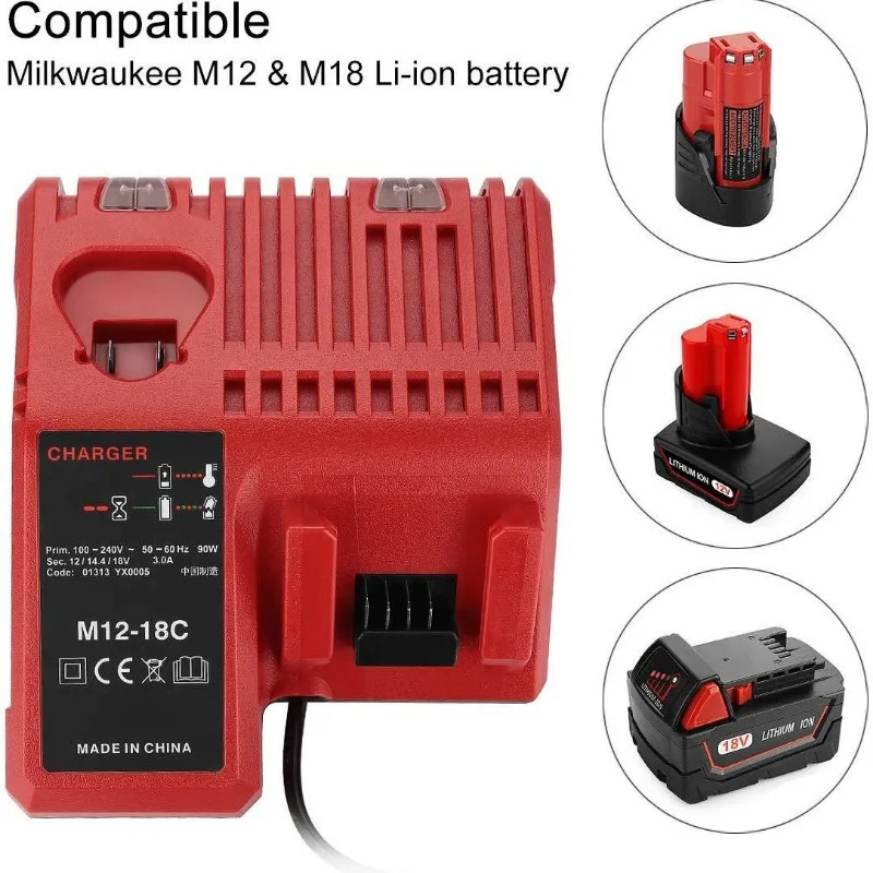 Replace 3A 12V 14V 18V Rapid Fast Li-Ion Charger Fit For Milwaukee M12-18C Dual Port Multi-Voltage Lithium-Ion Battery M12 M18