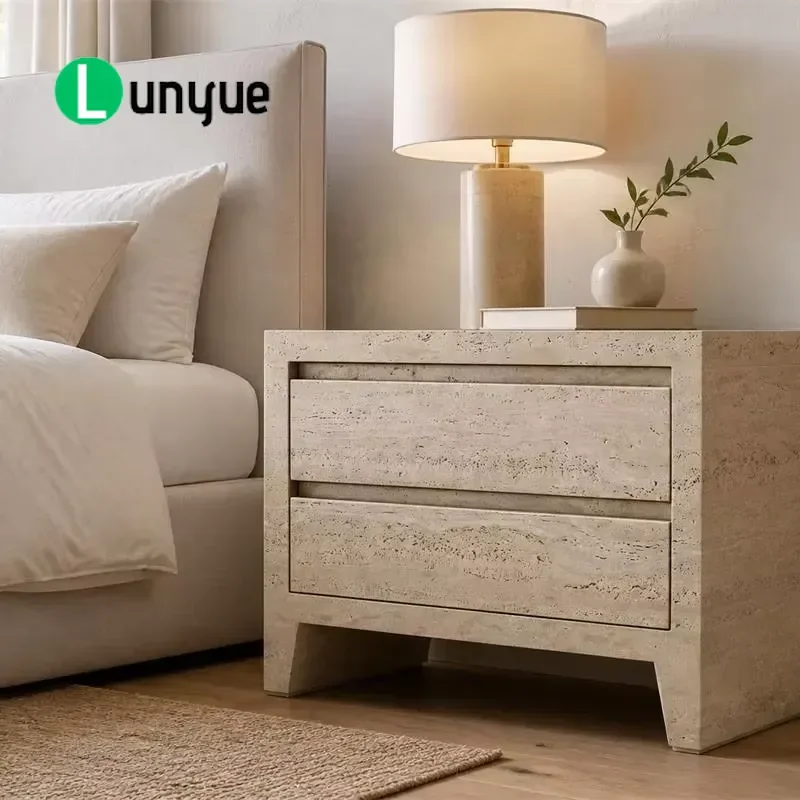 Natural Stone Bedside Table WYETH Travertine Nightstand with 2 Closed Drawers for Bedroom Furniture Storage Modern