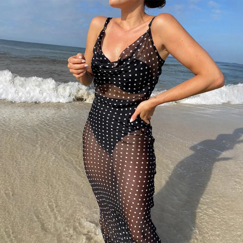 Zomer Sexy Backless Perspectief Prom Dress Mesh Polka Dot Jarretel Feestjurk Rug Stropdas Cover Up Strandvakantie Gewaden