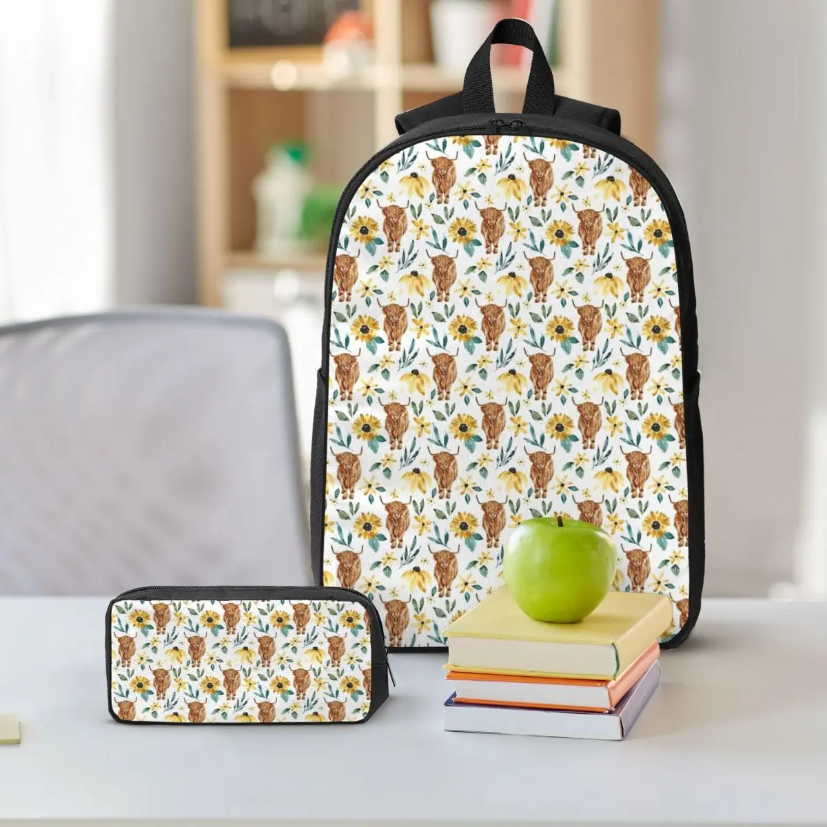 المرتفعات البقرة الحيوان على ظهره طالب بنين بنات BookBag حقيبة مدرسية كمبيوتر محمول حقائب كتف 3ps معزول حقيبة الغداء مقلمة #6