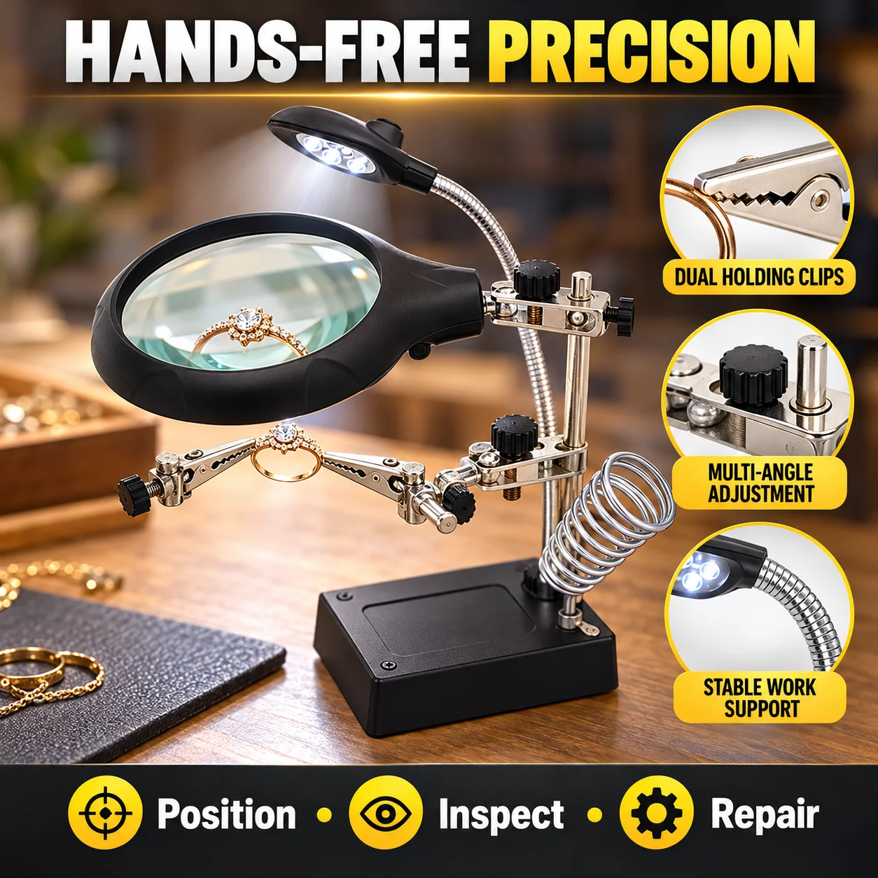 TOKTOS Desktop LED Magnifier 5X 8X 10X 85mm Lens Lighted Stand Magnifying Glass for Jewelry Repair Soldering Inspection