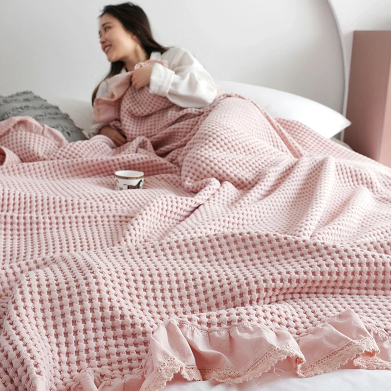 Cama macia manta manta, colcha em relevo waffle, xadrez quente, 100% algodão, cobertor de malha, grão de milho, babados verão, casa