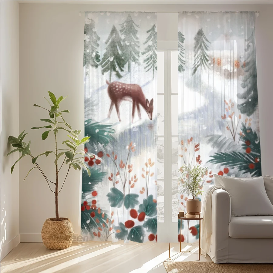 2PCS Christmas Winter Sheer Curtains, Forest Deer Berry, Digital Print, Bedroom Living Room, Rod Pocket Polyester, Home Decor