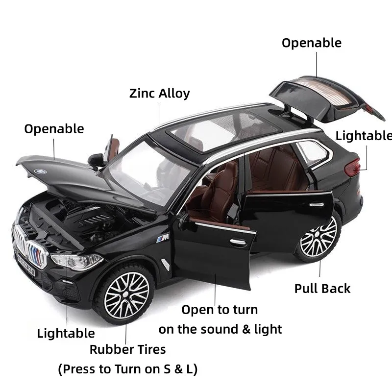 BMW X5 SUV jouet modèle de voiture en métal moulé sous pression, véhicule l\'inventaire, son et lumière, nervures arrière, collection cadeau pour