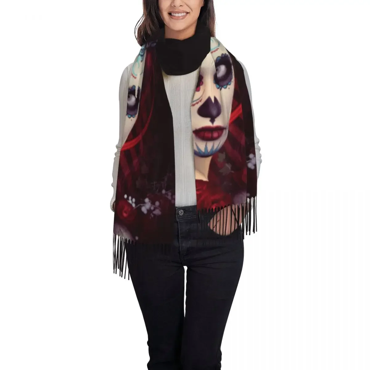 Custom Lady Large Day Of The Dead Sugar Skull Girl Scarves Women Winter Fall Thick Warm Tassel Shawl Wrap Horror Mexican Scarf