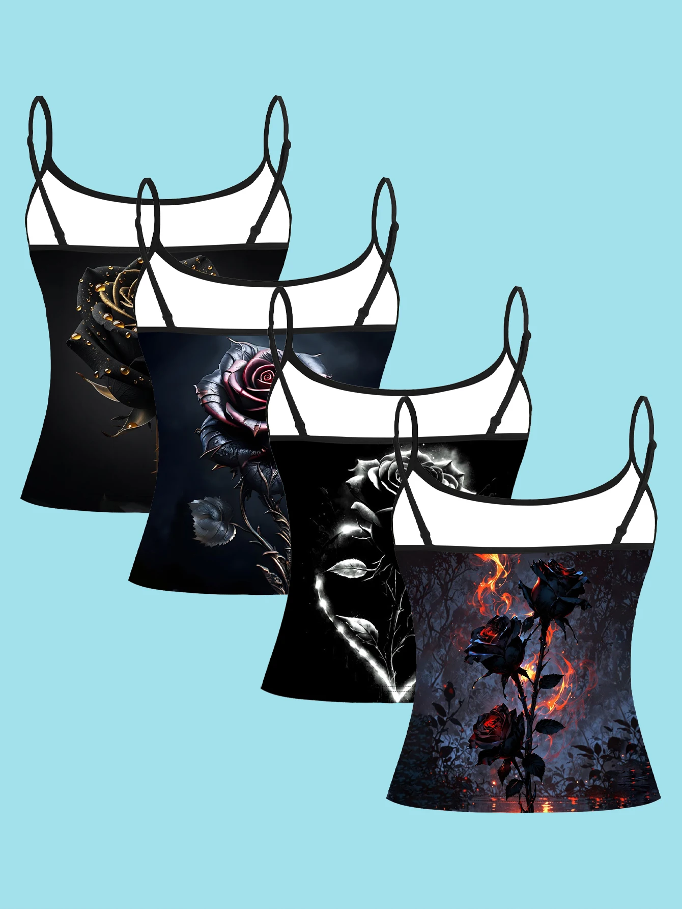Women's 4-Piece Printed Camisole Set with Gold Waterdrop Black Gold Rose, Purple Metallic Thorn Rose, Silver White Glowing Heart Black Rose, Forest Flame Black Rose Patterns, Slim-Fit Sleeveless Outerwear Base Layer Tops