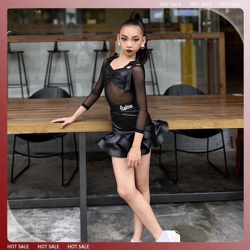 Kids Girls Lolita Latin Dance Clothing Outfit Set Long Sleeve Leather Mesh Lace-up Top Pants Stage Performance Clothes