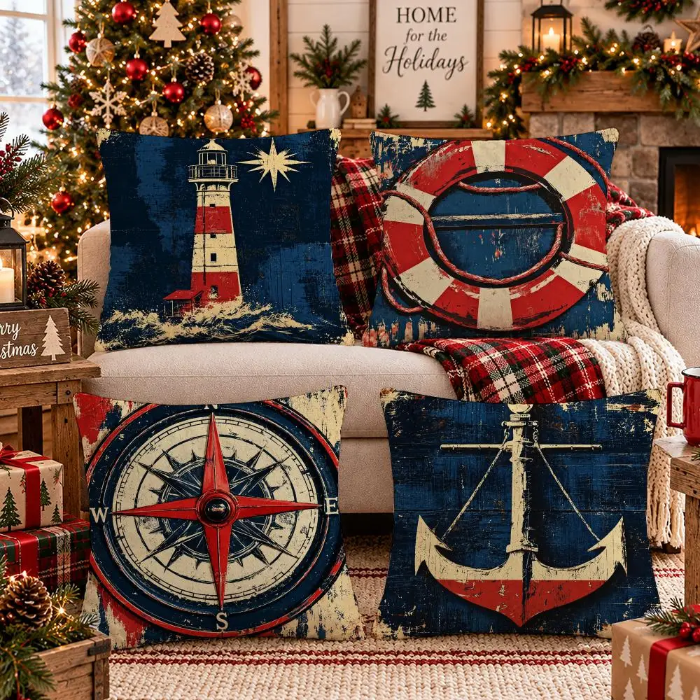 Classic Nautical Heritage Cushion Cover 1/4PCS Short Plush Pillow Cover Set Soft Decorative Cushion Case for Sofa Bed Home Decor